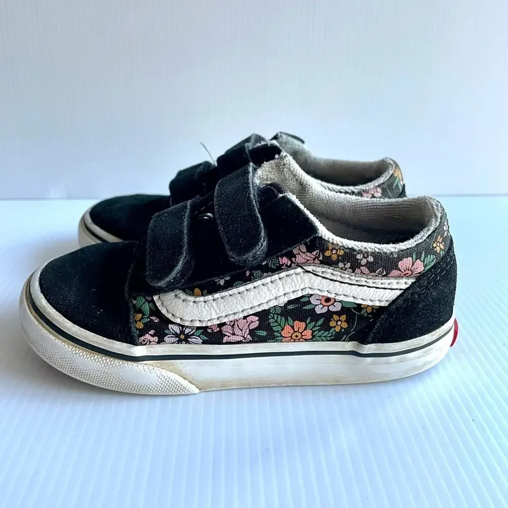 VANS Old Skool Floral Sneakers Toddler Size 1 Black Velcro Retro Skater Suede - Picture 8 of 9